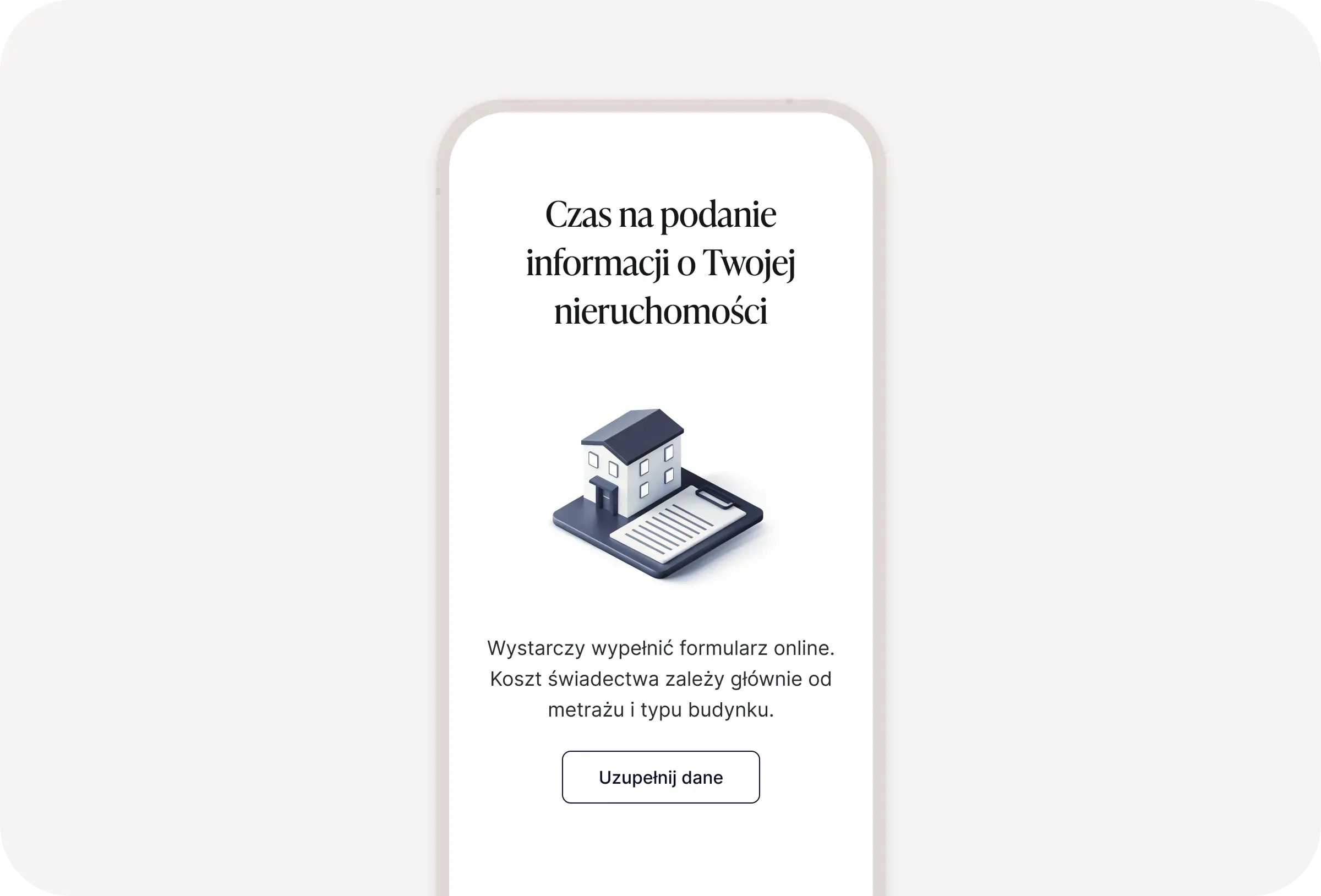 Krok zbierania danych o nieruchomości w aplikacji do świadectwa energetycznego – informacja o koszcie zależnym od metrażu i typu budynku